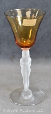 (8) Amber wine glasses with frosted nude stems, 6.5"h - 4