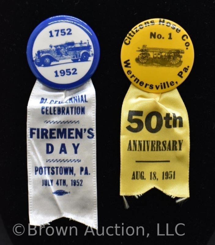 (2) Early 1950's Penn. firemen lapel pin back buttons and ribbons