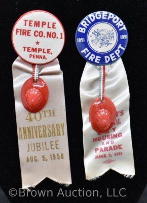 (2) Early 1950's Penn. firemen lapel pin back buttons and ribbons