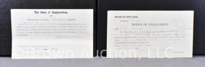 Dated 1864 Civil War Notice of Military Enrollment; Dated 1872 State of AL Oath of Registration