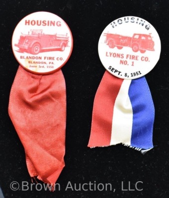 (2) Early 1950's Penn. firemen lapel pin back buttons and ribbons