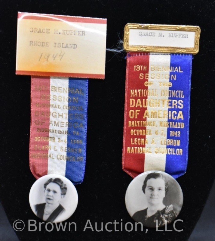 (2) 1940's photo ID badges and ribbons of National Council Daughters of America, Penn. and Maryland