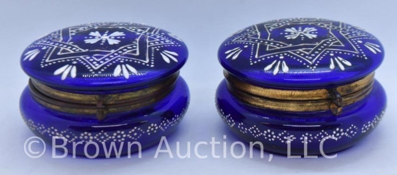 Pair of cobalt dresser boxes w/ enamelled decoration