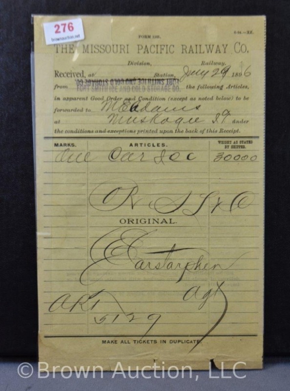 Dated 1896 Missouri Pacific Railway Co. delivery of goods receipt