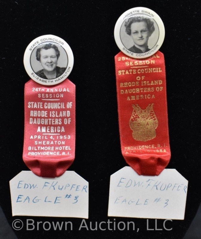 (2) 1950's photo ID badges and ribbons of R.I. Daughters of America