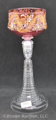 Stevens and Williams-style 8" wine cordial, cranberry bowl w/ enamelled motif