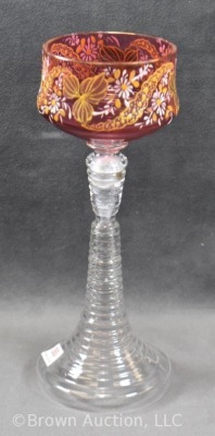 Stevens and Williams-style 8" wine cordial, cranberry bowl w/ enamelled motif - 2