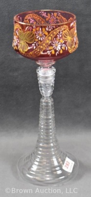 Stevens and Williams-style 8" wine cordial, cranberry bowl w/ enamelled motif - 4