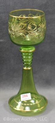 Art Glass 8" wine cordial, apple green w/ gold enamelled flowers