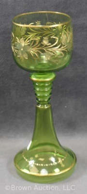 Art Glass 8" wine cordial, apple green w/ gold enamelled flowers - 2