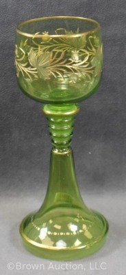 Art Glass 8" wine cordial, apple green w/ gold enamelled flowers - 3