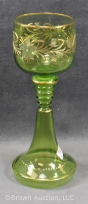 Art Glass 8" wine cordial, apple green w/ gold enamelled flowers - 4