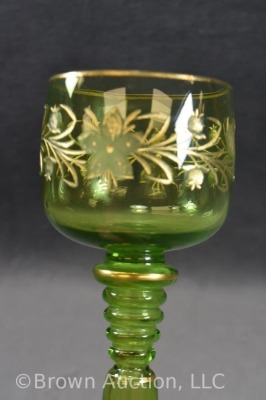 Art Glass 8" wine cordial, apple green w/ gold enamelled flowers - 5