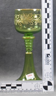 Art Glass 8" wine cordial, apple green w/ gold enamelled flowers - 6