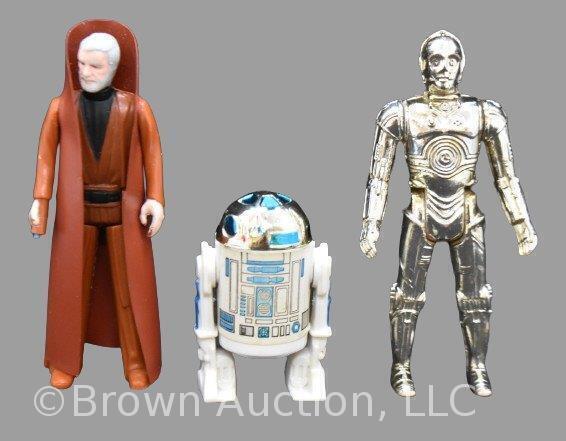 (3) Vintage Kenner Star Wars 1977 action figures: C-3PO, Obi-Wan Kenobi and R2-D2