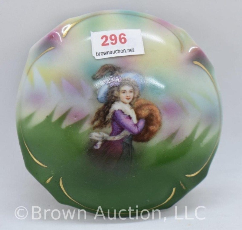 Mrkd. Royal Bayreuth 4.75"d powder box, Girl w/ muff