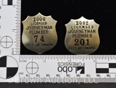 (2) City of Omaha Licensed Journeyman Plumber badges, 2000 and 2002 - 5