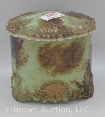 Milk glass 3"h powder box, green w/ brown embossed designs