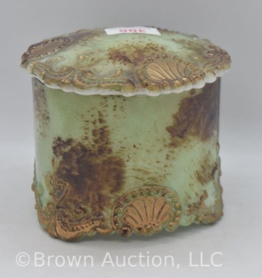 Milk glass 3"h powder box, green w/ brown embossed designs - 3