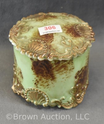 Milk glass 3"h powder box, green w/ brown embossed designs - 7