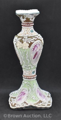 Nippon Moriage beaded 9" candlestick, overall floral designs - 2