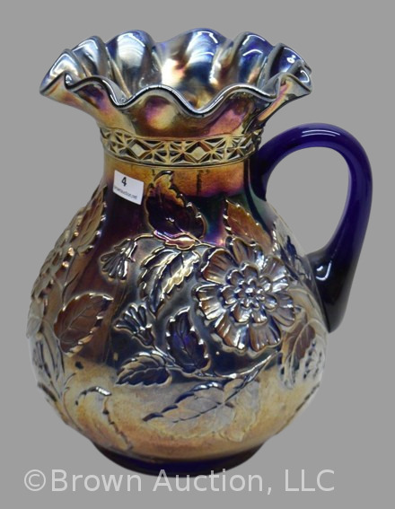 Carnival Glass Rambler Rose 9" pitcher, cobalt