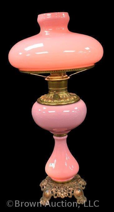 Victorian elec. pink Cased Glass table lamp, 25" tall