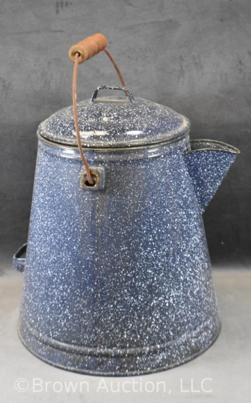 Large navy graniteware campfire coffee pot