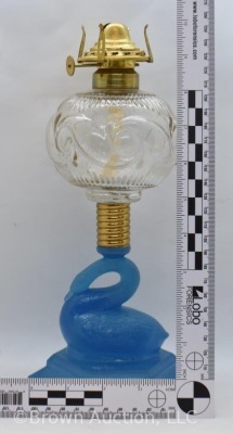 Sandwich Glass blue Swan 9" oil lamp - 10