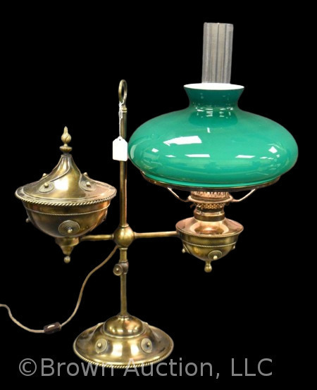 Brass student lamp with green globe, acorn form