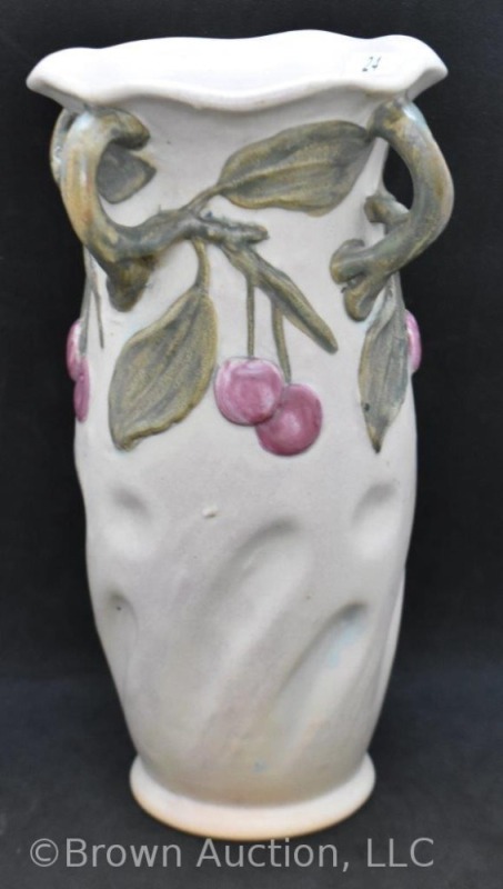 Mrkd. Weller Melrose 9" vase with 4 twisted handles, cherries