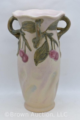 Mrkd. Weller Melrose 9" vase with 4 twisted handles, cherries - 6