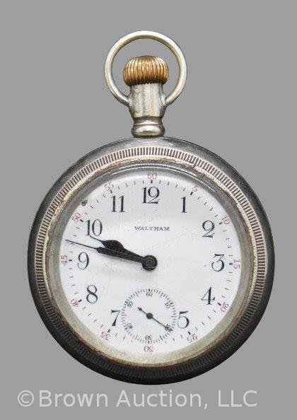 Waltham silver open face pocket watch, etched stag (worn),