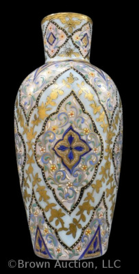 Art Glass enamel 11" vase, floral motif with gold highlighting