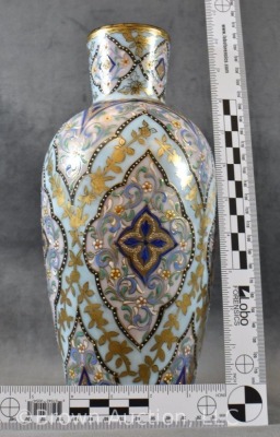 Art Glass enamel 11" vase, floral motif with gold highlighting - 6