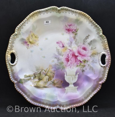 R.S. Prussia 11"d cake plate, pink roses in urn on satin finish