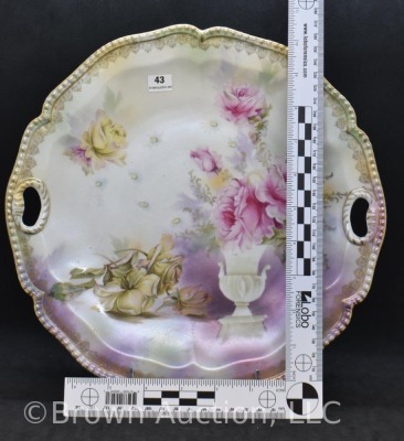 R.S. Prussia 11"d cake plate, pink roses in urn on satin finish - 7