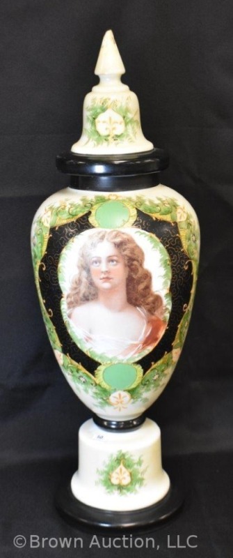 Victorian Portrait Bristol glass cov. vase, 22"h, handpainted