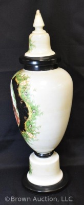 Victorian Portrait Bristol glass cov. vase, 22"h, handpainted - 2