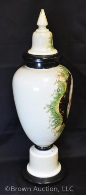 Victorian Portrait Bristol glass cov. vase, 22"h, handpainted - 4