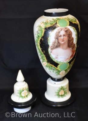 Victorian Portrait Bristol glass cov. vase, 22"h, handpainted - 5