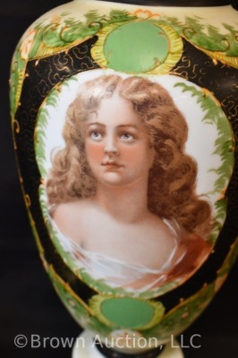 Victorian Portrait Bristol glass cov. vase, 22"h, handpainted - 7