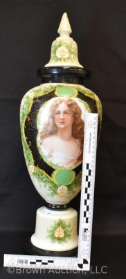 Victorian Portrait Bristol glass cov. vase, 22"h, handpainted - 10