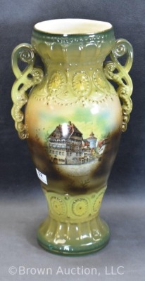 Mrkd. Austria 10" vase, foreign street scene