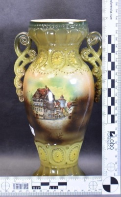 Mrkd. Austria 10" vase, foreign street scene - 8