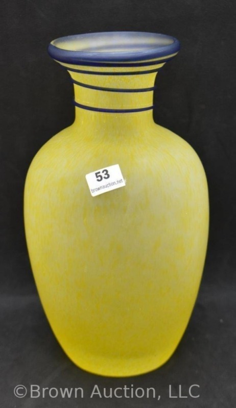 Czechslovakia 7.5" vase, bright yellow with cobalt top rim threading