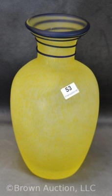 Czechslovakia 7.5" vase, bright yellow with cobalt top rim threading - 7