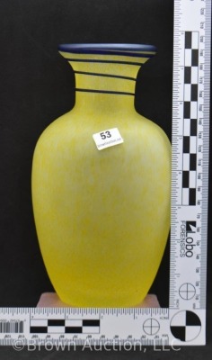 Czechslovakia 7.5" vase, bright yellow with cobalt top rim threading - 8