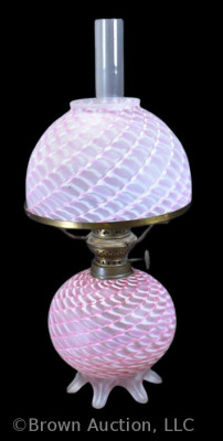 Art Glass 12" oil lamp, pink and white Trellis-like pattern