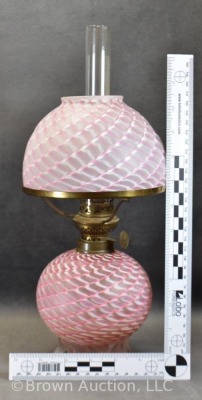 Art Glass 12" oil lamp, pink and white Trellis-like pattern - 10